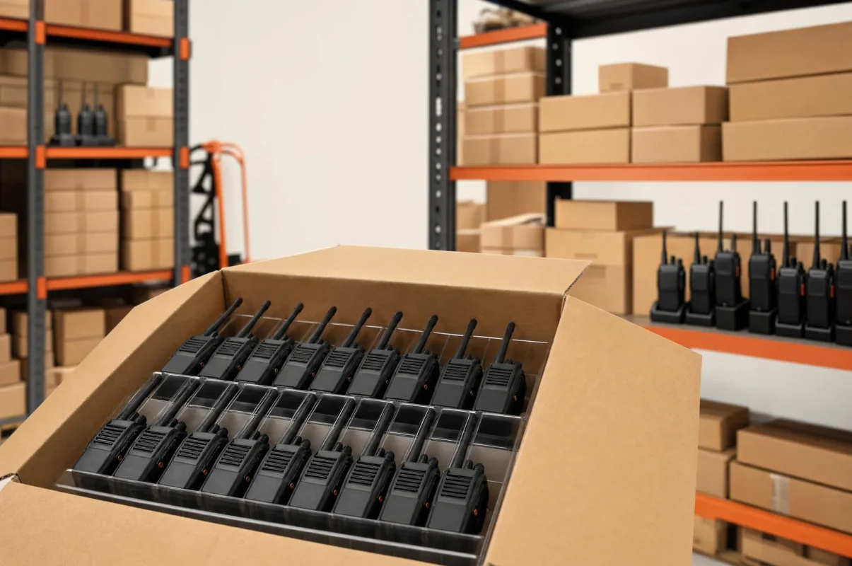 Wholesale warehouse with bulk cartons of two-way radios ready for distribution