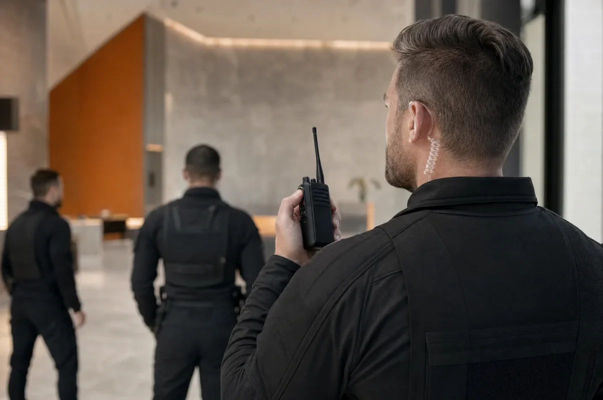 Security team using two-way radios with surveillance earpieces in a venue lobby