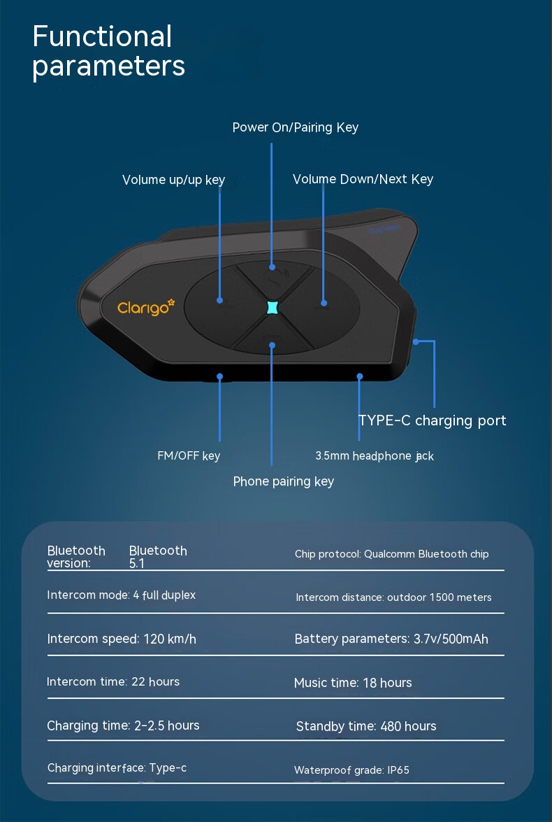 Clarigo GoCom4 Helmet Bluetooth Headset CL668 motorcycle riding waterproof
