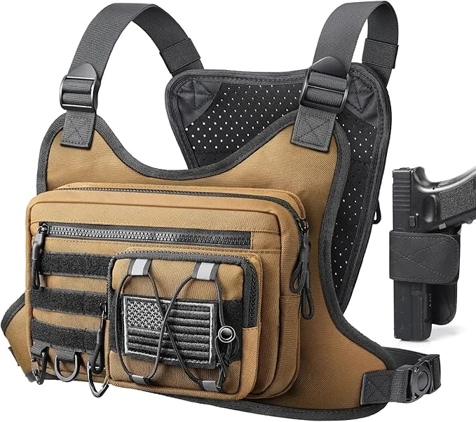 Tactical chest pack carrying a handheld radio and speaker mic