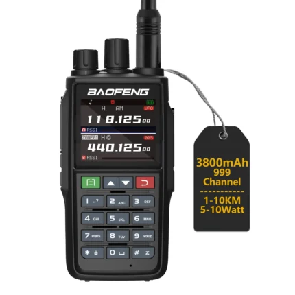 Front view of the Baofeng UV-22L dual band handheld two way radio, black housing