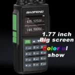 Detail shot of the Baofeng UV-22L dual band handheld two way radio, black housing