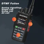 Baofeng UV-22L dual band handheld two way radio, black housing held in hand