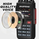 Close-up of the Baofeng UV-22L dual band handheld two way radio, black housing