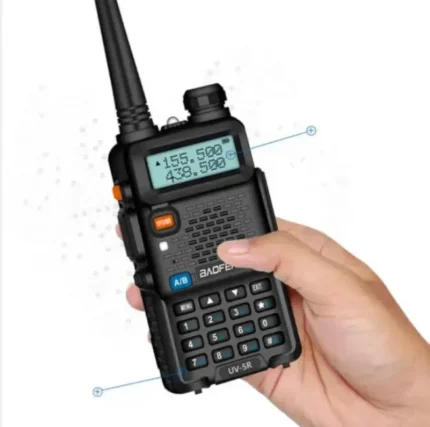 Detail shot of the Baofeng UV-5R Mini handheld ham radio transceiver