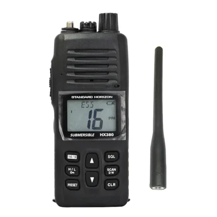 Front view of the HX-380 floating marine VHF handheld transceiver