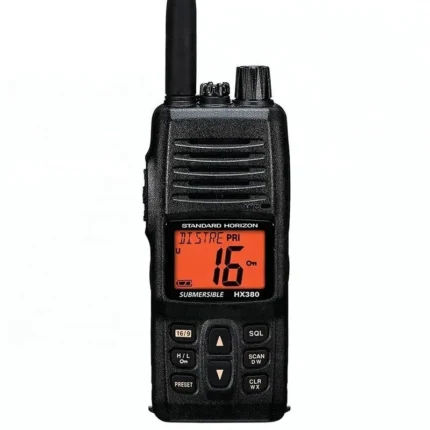 Front view of the Standard Horizon HX380 submersible 5W VHF marine handheld