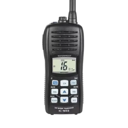 Front view of the IC-M33 IC-M34 floating marine VHF handheld radio