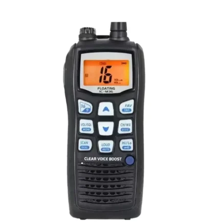 Front view of the IC-M36 floating marine VHF handheld radio