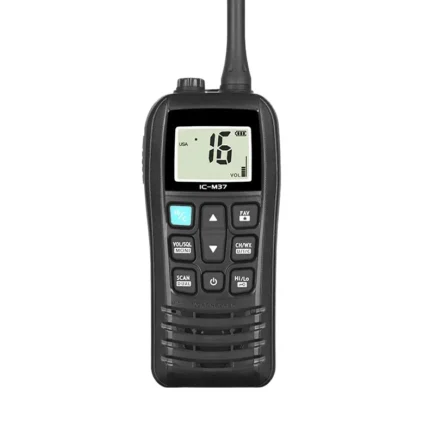 Front view of the IC-M37 floating handheld VHF marine transceiver for boats