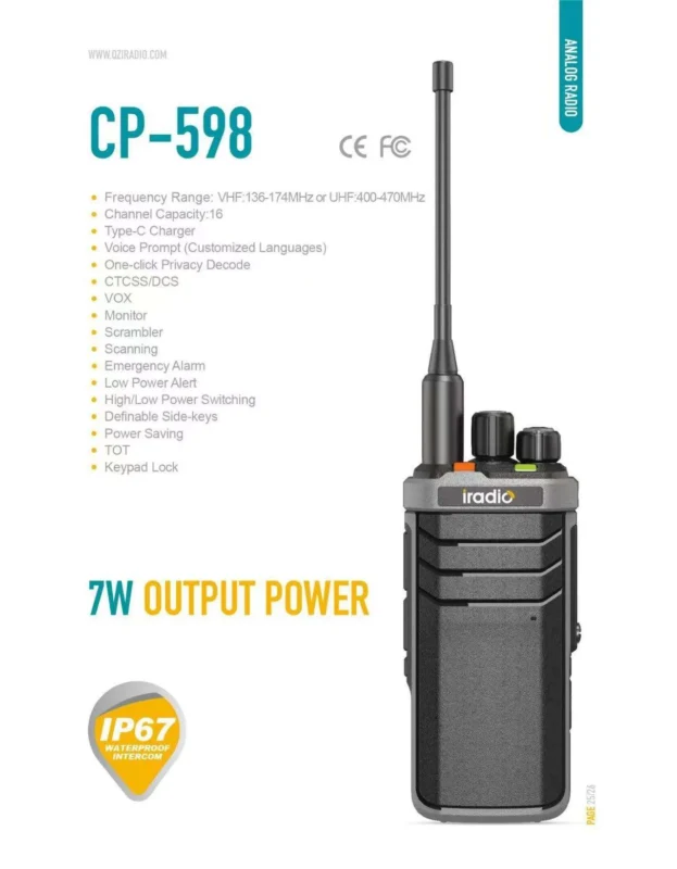 Detail shot of the Iradio CP-598 analog handheld walkie talkie