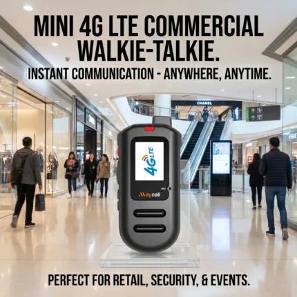 Front view of the Maycall MC-148 waterproof 4G PoC radio with earpiece