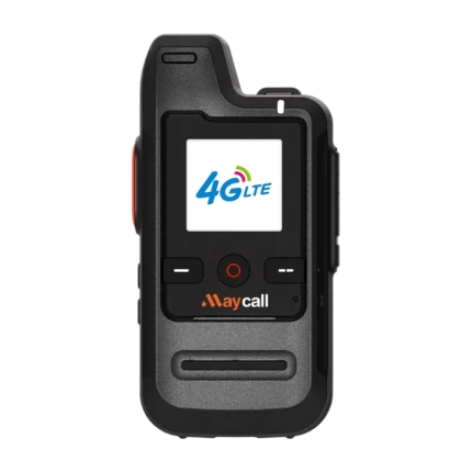 Front view of the Maycall MC-230 4G LTE PoC handheld radio with earpiece