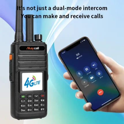 Detail shot of the Maycall MC-700 4G LTE PoC walkie talkie with earpiece