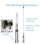 Detail shot of the dual-band fiberglass vehicle antenna for VHF and UHF ham radio