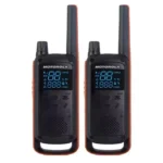 Front view of the Motorola T82 PMR446 license-free walkie talkie twin pack in red
