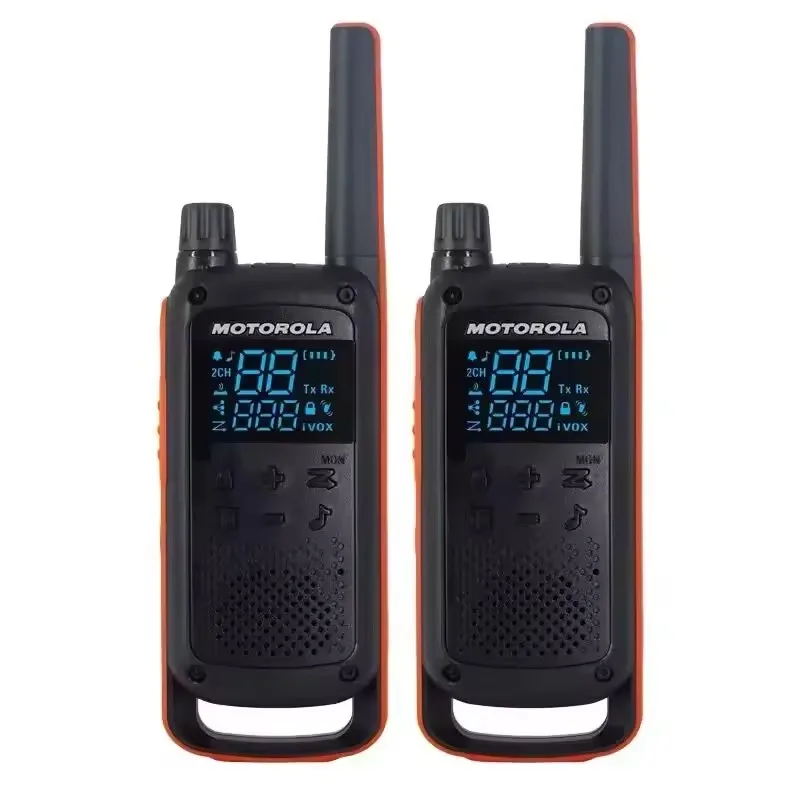 Tw Motorola 20channel Two Way Radio Front view of the Motorola T82 PMR446 license-free walkie talkie twin pack in red