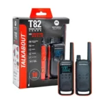 Detail shot of the Motorola T82 PMR446 license-free walkie talkie twin pack in red