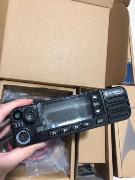 Detail shot of the Motorola DM4600E DMR mobile radio for vehicles