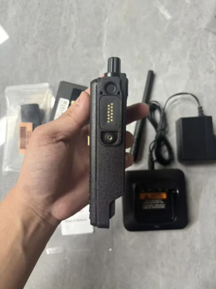 Detail shot of the Motorola DP4800 DMR portable two-way radio