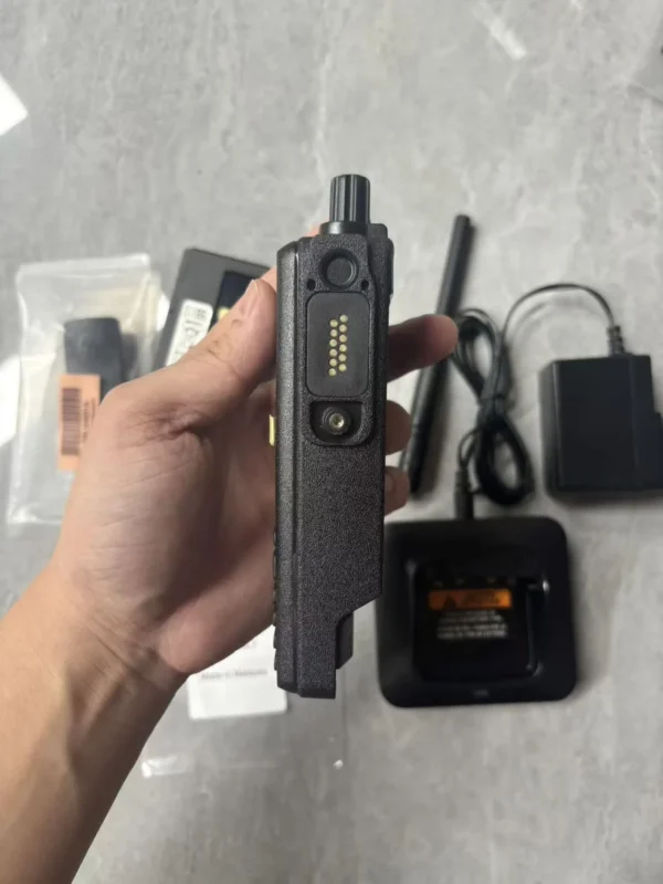 Detail shot of the Motorola DP4800 DMR portable two-way radio