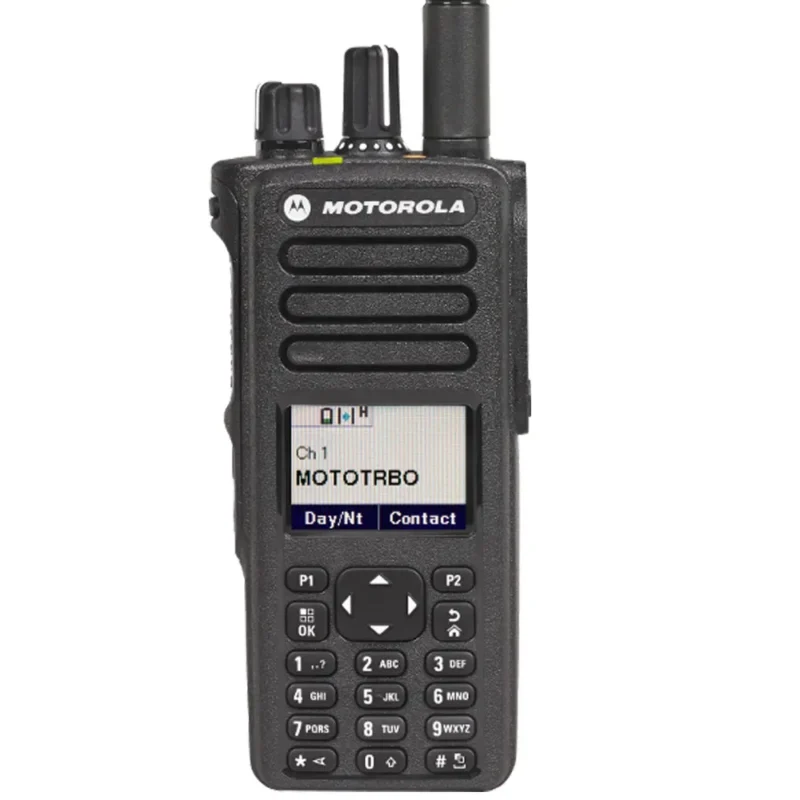 Front view of the DP4800e digital portable two-way radio