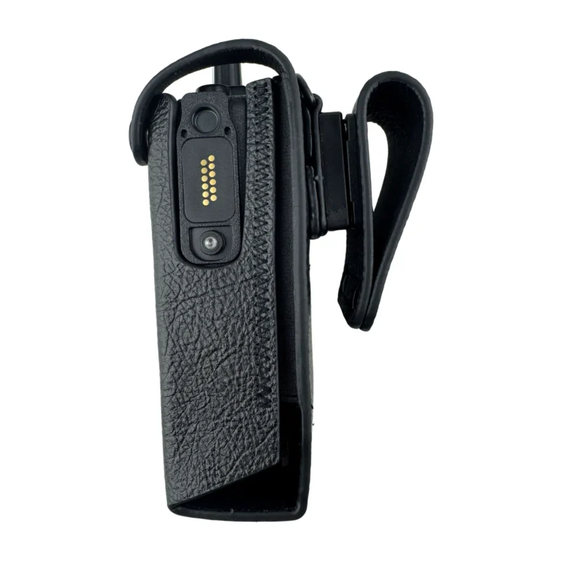 Detail shot of the Swivel belt loop hard leather holster for DP4600 radios