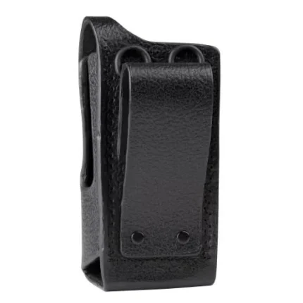 Detail shot of the Motorola PMLN5864 hard leather radio case with swivel loop