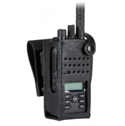 Front view of the Motorola PMLN5867 hard leather carry case for two way radios