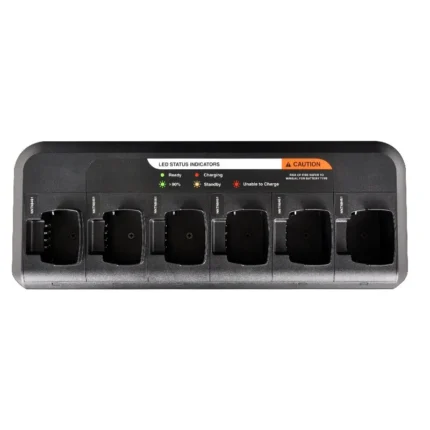 Front view of the PMLN6605 six-way intelligent charger adapter bank for radios