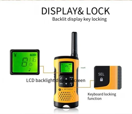 Detail shot of the Motorola TLKR-T50 kids mini walkie talkie pair