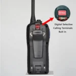 Side profile of the RS-38M marine handheld radio with GPS and DSC