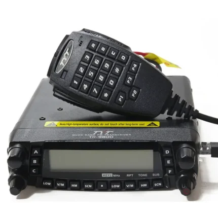 Front view of the TYT TH-9800 Plus quad band 50W mobile radio with antenna