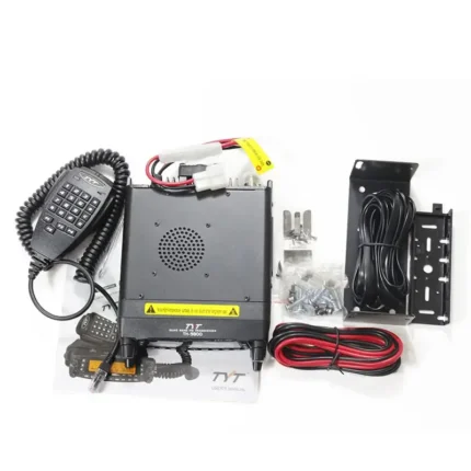 Detail shot of the TYT TH-9800 Plus quad band 50W mobile radio with antenna
